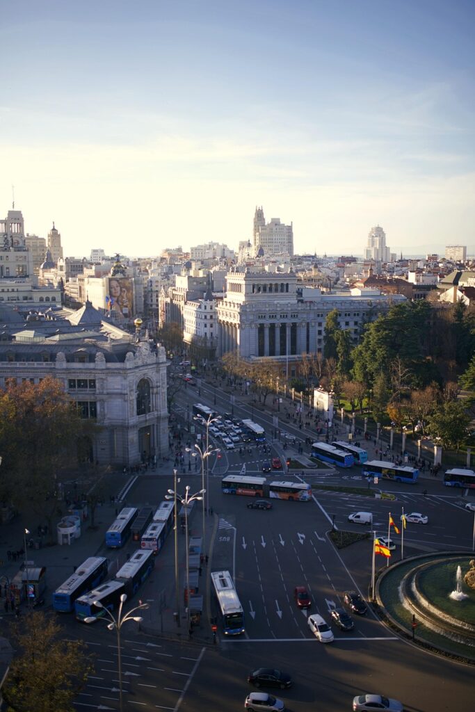 buses, street, spain, madrid, sky, nature, clouds, topview