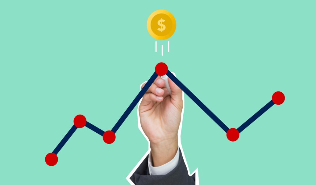 Illustration of a hand drawing a financial graph with a rising dollar coin.