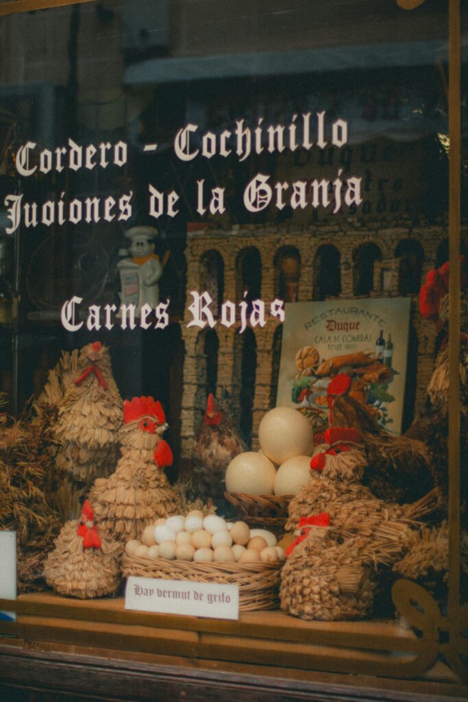 Charming shop window in Segovia showcasing rustic straw hens and eggs, ideal for local decor.