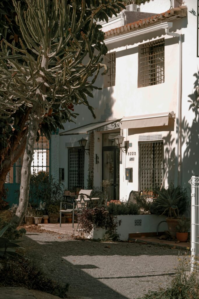 Elegant Spanish villa with garden, cacti and warm tones in Altea, Spain.