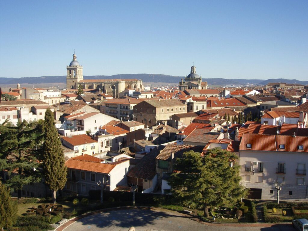 Panoramic cityscape of Ciudad Rodrigo, Spain showcasing historic rooftops and architecture.